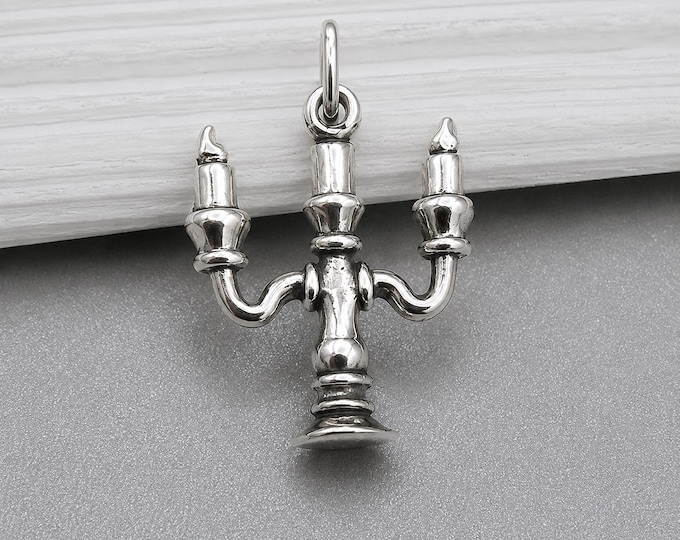 Candelabra Charm, 925 Sterling Silver 3D Candlesticks Charm for Necklace or Bracelet, 3D Candle Holder Charm, 3D Candelabra Pendant