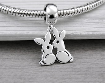 Sterling Silver Kissing Bunnies Dangle Charm, Bunny European Bead, Rabbit Gift Jewelry