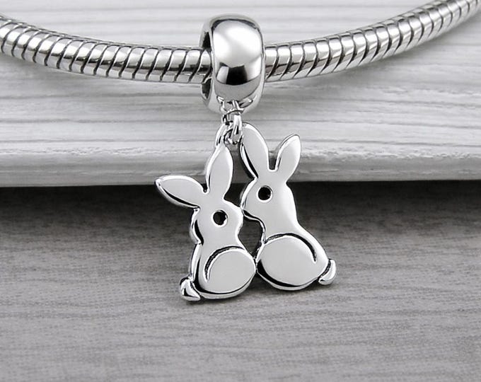 Sterling Silver Kissing Bunnies Dangle Charm, Bunny European Bead, Rabbit Gift Jewelry