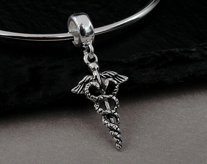 Sterling Silver Medical Caduceus European Dangle Bead Charm, Caduceus Charm, Medical Symbol Charm with Bail, Large Hole Bead, Big Hole Bead