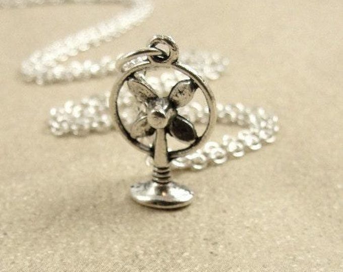 Oscillating Fan Necklace, Silver Plated Fan Charm on a Silver Cable Chain