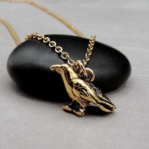 Crow Necklace, Gold Raven Charm Necklace, Rook Charm Necklace, 3D Raven Necklace, 3D Black Bird Necklace, Bird Lover Gift Jewelry