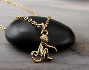 Tiny Monkey Necklace, Gold Monkey Charm Necklace, Primate Necklace, Chimp Necklace, Monkey Jewelry, Jungle Necklace, Jungle Themed Gift