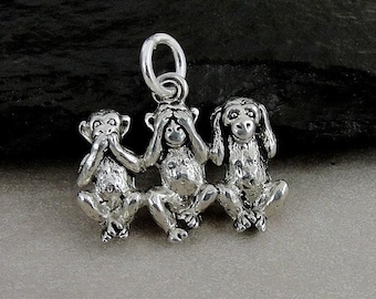 Three Wise Monkeys Charm, Silver No Evil Monkey Charm, See Hear Speak No Evil Charm, Monkey Charm, Necklace Charm, Bracelet Charm