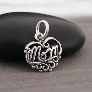925 Sterling Silver Mom Heart Charm, Mother&#39;s Day Charm, Gift for Mom Charm, Mother Bracelet Charm, Heart Shaped Mom Charm, Mom Pendant