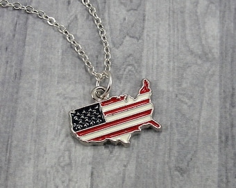 USA Shaped Flag Necklace, Silver United States Flag Charm on a Silver Cable Chain