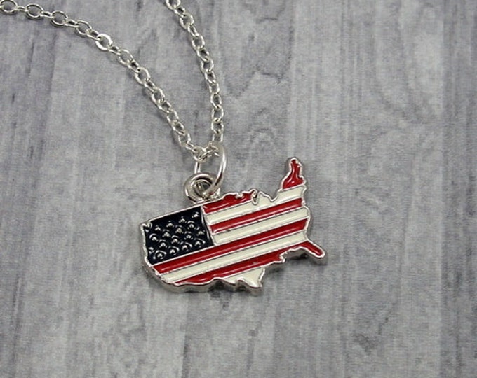 USA Shaped Flag Necklace, Silver United States Flag Charm on a Silver Cable Chain