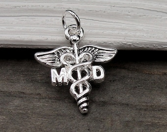 Silver Medical Doctor Charm, MD Caduceus Charm, MD Symbol Charm, Medical School Grad Charm, Doctor Gift, Gift for Doctor, MD Gift