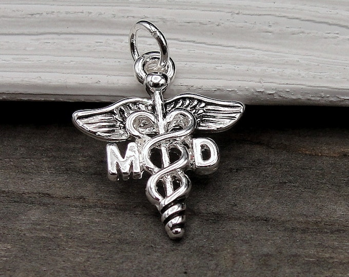 Silver Medical Doctor Charm, MD Caduceus Charm, MD Symbol Charm, Medical School Grad Charm, Doctor Gift, Gift for Doctor, MD Gift