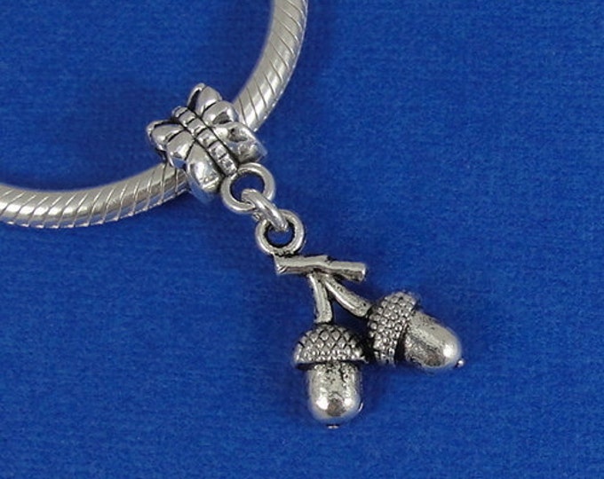 Acorns on Branch European Dangle Bead Charm - Silver Acorn Charm for European Bracelet