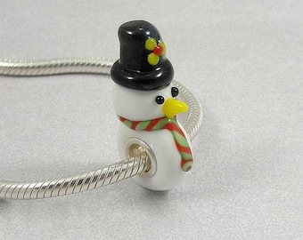 Snowman Large Hole Lampwork Glass Bead - 925 Sterling Silver European Bead Charm