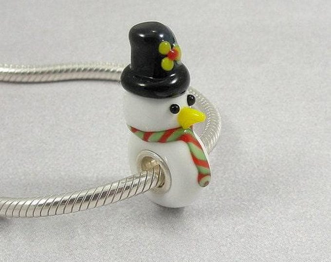 Snowman Large Hole Lampwork Glass Bead - 925 Sterling Silver European Bead Charm