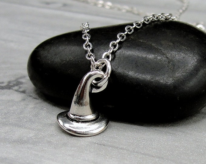 Silver Witches Hat Necklace, Tiny Witch Hat Charm Necklace, Wizard Hat Charm Necklace, Halloween Themed Necklace, 3D Witch Hat Charm Jewelry