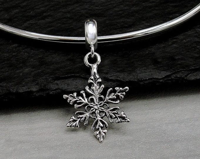 925 Sterling Silver Snowflake Dangle Bead Charm, Snowflake European Charm, Winter Charm, Christmas Charm, Bracelet Charm, Large Hole Bead