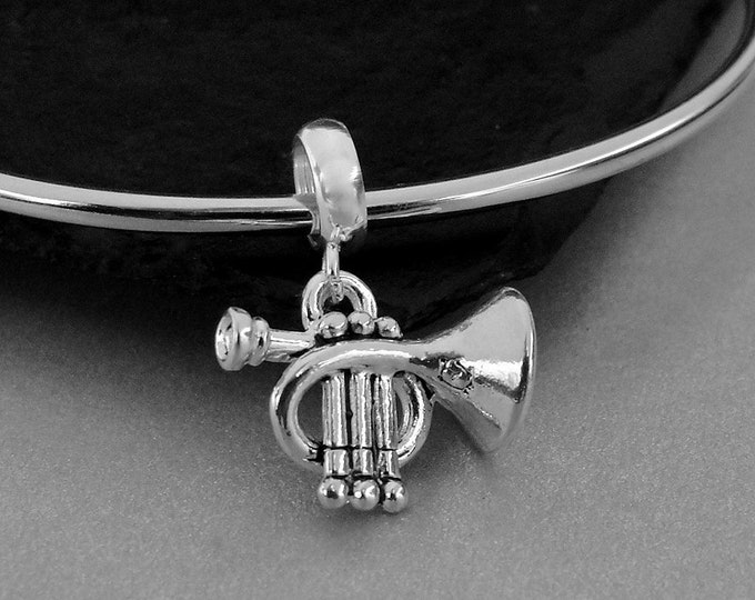 Trumpet European Charm, Silver Trumpet Dangle Charm, Trumpet Charm with Bail, Musical Instrumet Charm, Snake Bracelet Charm, Large Hole Bead