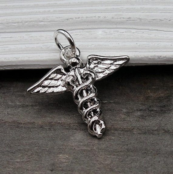 Medical Caduceus Charm, Silver Caduceus Symbol Charm for Necklace