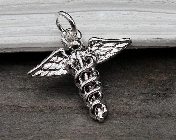Medical Caduceus Charm, Silver Caduceus Symbol Charm for Necklace or Bracelet, Doctor Charm, Nurse Charm, Medical Symbol Charm