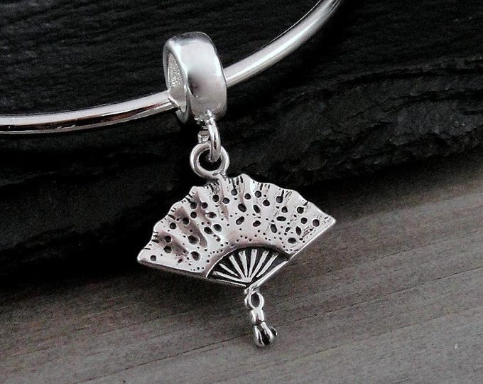 925 Sterling Silver Victorian Fan Dangle Bead Charm, Hand Fan Charm, Victorian Lady Charm, Bracelet Charm, Large Hole Bead, Big Hole Bead