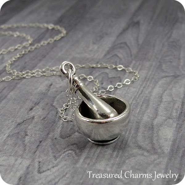 Mortar and Pestle Necklace, Sterling Silver Medicine Bowl Charm on a Silver Cable Chain