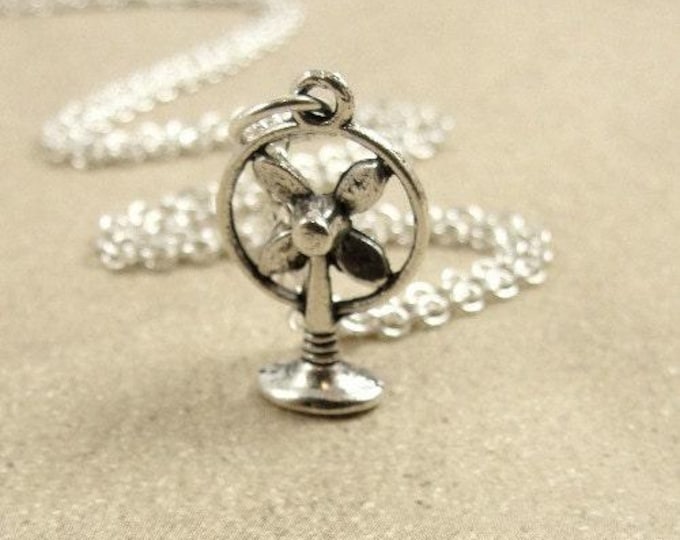 Oscillating Fan Necklace, Silver Plated Fan Charm on a Silver Cable Chain