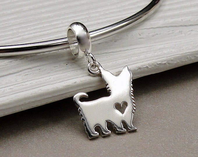 Yorkshire Terrier European Charm, Sterling Silver Yorkie Dangle Charm, Yorkie Charm with Bail, Snake Bracelet Charm, Large Hole Bead