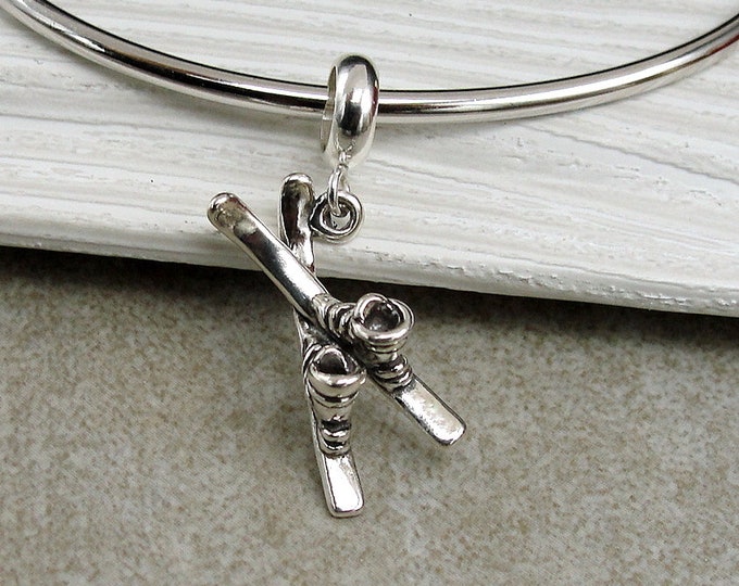 Skis and Boots European Charm, Sterling Silver Skiing Dangle Bead Charm, Skier Charm with Bail, Ski Boots Charm, Skiing Gift, Skiing Jewelry