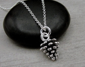 Pine Cone Necklace, Sterling Silver 3D Pine Cone Charm on a Silver Cable Chain, Christmas Charm Necklace, Pine Cone Gift, Pine Cone Jewelry