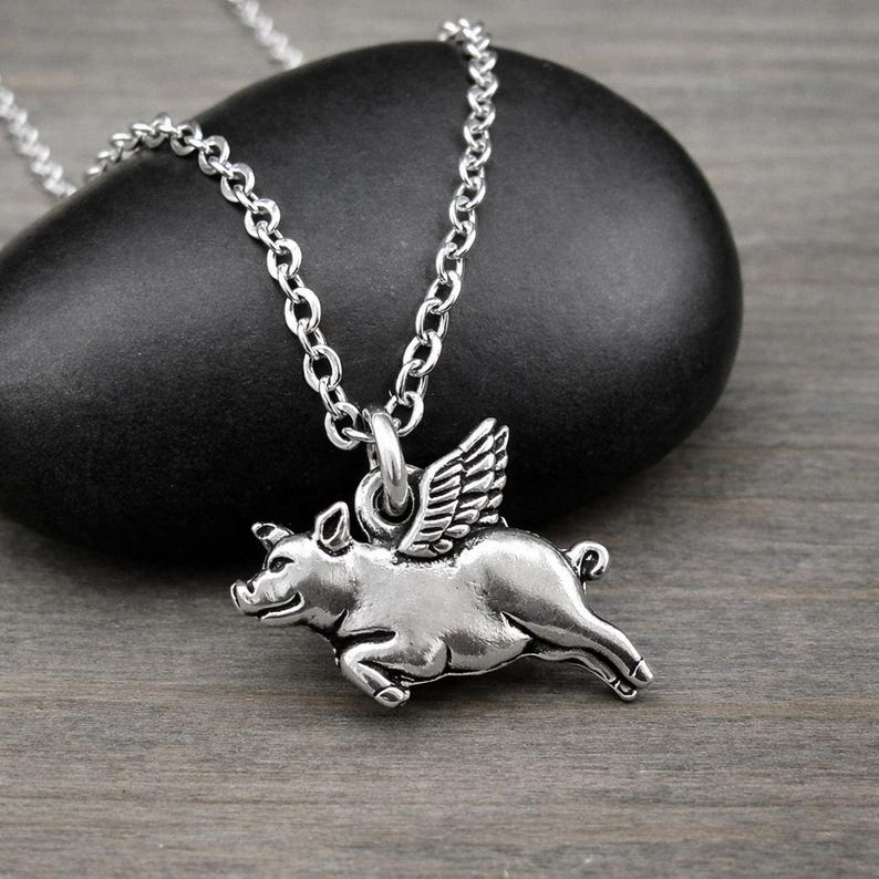 Flying Pig Necklace, Silver Flying Pig with Wings Charm Neckalce, Flying Pig Pendant, When Pigs Fly Charm Necklace, Pig Charm, Pig Gift image 1