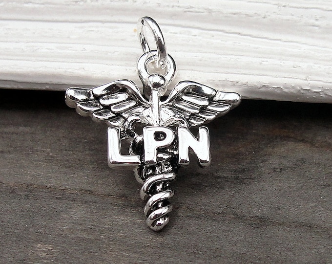 Silver LPN Caduceus Charm, LPN Charm, Licensed Practical Nurse Charm, Nurse Jewelry, Nurse Necklace Charm, Bracelet Charm, Nurse Gift