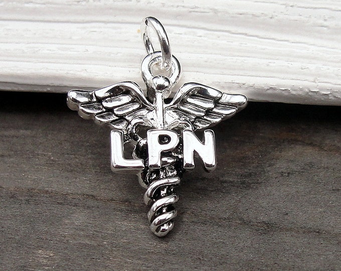 Silver LPN Caduceus Charm, LPN Charm, Licensed Practical Nurse Charm, Nurse Jewelry, Nurse Necklace Charm, Bracelet Charm, Nurse Gift