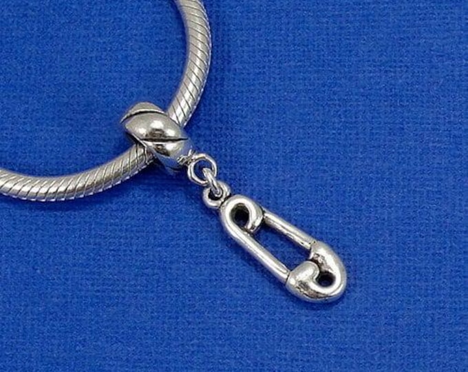 Safety Pin or Diaper Pin European Dangle Bead Charm - Sterling Silver Safety Pin Charm for European Bracelet