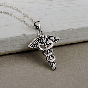 Sterling Silver Caduceus Necklace, Medical Caduceus Charm Necklace, Medical Symbol Charm, Caduceus Pendant, Doctor Necklace, Nurse Necklace
