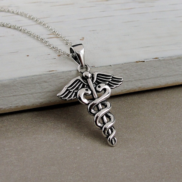 Sterling Silver Caduceus Necklace, Medical Caduceus Charm Necklace, Medical Symbol Charm, Caduceus Pendant, Doctor Necklace, Nurse Necklace