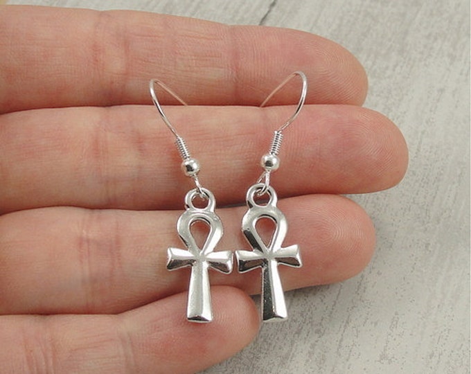 Ankh Earrings, Silver Plated Ankh Dangle Drop Earrings on French Earwires