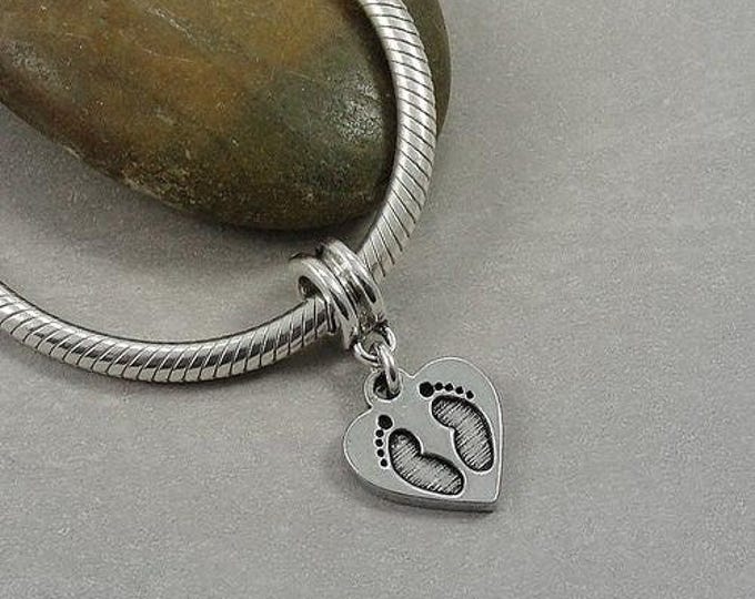 Baby Heart Footrpint European Dangle Bead Charm - Silver Baby Footprint in Heart Charm for European Bracelet