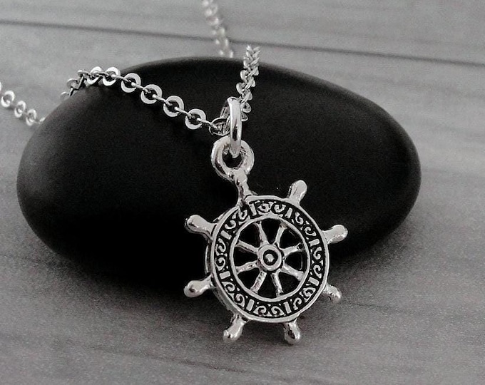 Ship Wheel Necklace, Silver Plated Captain's Wheel Charm Necklace, Boat Wheel Charm, Nautical Charm, Nautical Necklace, Ship Helm Necklace