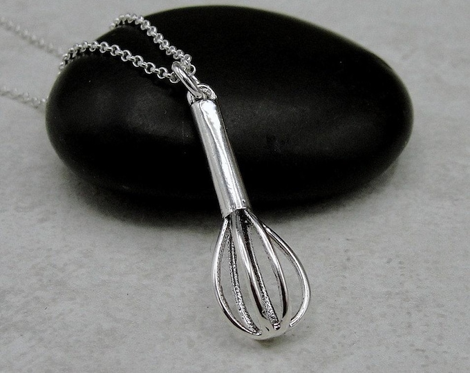 925 Sterling Silver Baker's Whisk Necklace, Whisk Charm Necklace, Baking Charm Necklace, Kitchen Utensil Necklace, Culinary Chef Charm Gift