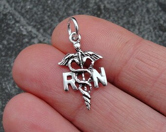 RN Caduceus Charm, Sterling Silver RN Charm for Necklace or Bracelet, Registered Nurse Charm, Nurse Symbol Charm, Gift for Nurse