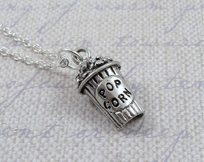 Movie Popcorn Necklace, Silver Plated Popcorn Charm Necklace, Movie Theater Charm Necklace, Snack Food Charm Necklace