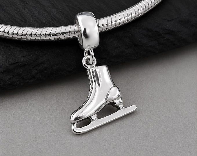 Sterling Silver Ice Skates Dangle Charm, Figure Skating European Bracelet Charm, Large Hole Bead