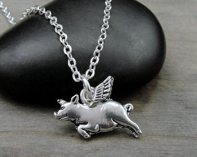 Flying Pig Necklace, Silver Flying Pig with Wings Charm Neckalce, Flying Pig Pendant, When Pigs Fly Charm Necklace, Pig Charm, Pig Gift