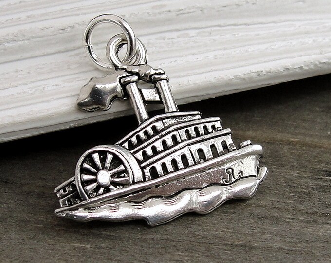Steamboat Charm, Silver Steamship Charm for Necklace or Bracelet, Steamer Boat Charm, Nautical Charm, Ship Charm, Boat Charm