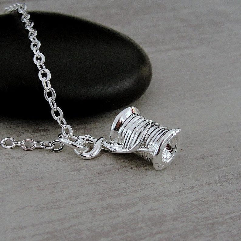 Sewing Necklace, Silver Plated Spool of Thread Charm Necklace, Spool of Thread Charm, Sewing Charm, Sewing Gift, Sewing Jewelry image 2