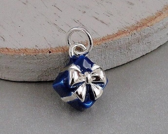Wrapped Present Charm, Silver and Blue Wrapped Gift Charm for Necklace or Bracelet, Christmas Present Charm, 3D Christmas Charm