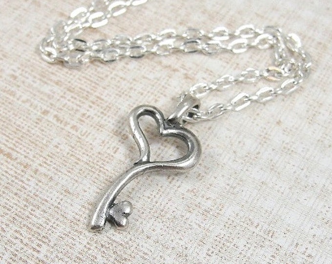 Heart Key Necklace, Silver Heart Key Charm on a Silver Cable Chain