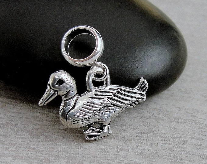 Duck European Charm, Silver Duck Dangle Charm, Mallard Duck Charm with Bail, Snake Bracelet Charm, Large Hole Bead, Duck Jewelry, Duck Gift
