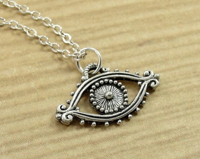 Evil Eye Necklace, Silver Evil Eye Charm on a Silver Cable Chain