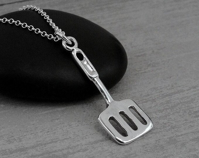 Spatula Necklace, Sterling Silver Spatula Charm on a Silver Cable Chain, Kitchen Utensil Charm, Pancake Flipper Necklace, Cooking Gift