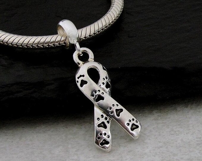 Pet Awareness Ribbon European Charm, Silver Awareness Ribbon with Paw Prints Charm, Animal Lover Charm, Pet Lover Charm, Pet Memorial Charm