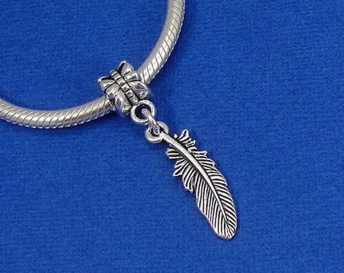 Feather European Dangle Bead Charm - Silver Feather Charm for European Bracelet